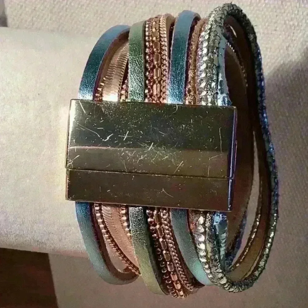Bracelet with Gold  Magnetic Closure and Multi Colored Suede Straps